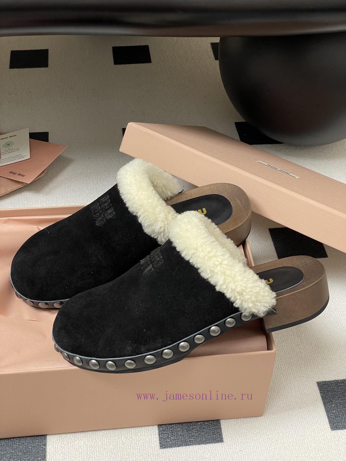 25ss Autumn/Winter Fashion MIUMIU Solid Wood Bottom Wool Half Slippers Thick Soled Mueller Shoe wpxj1r20 - Image 5