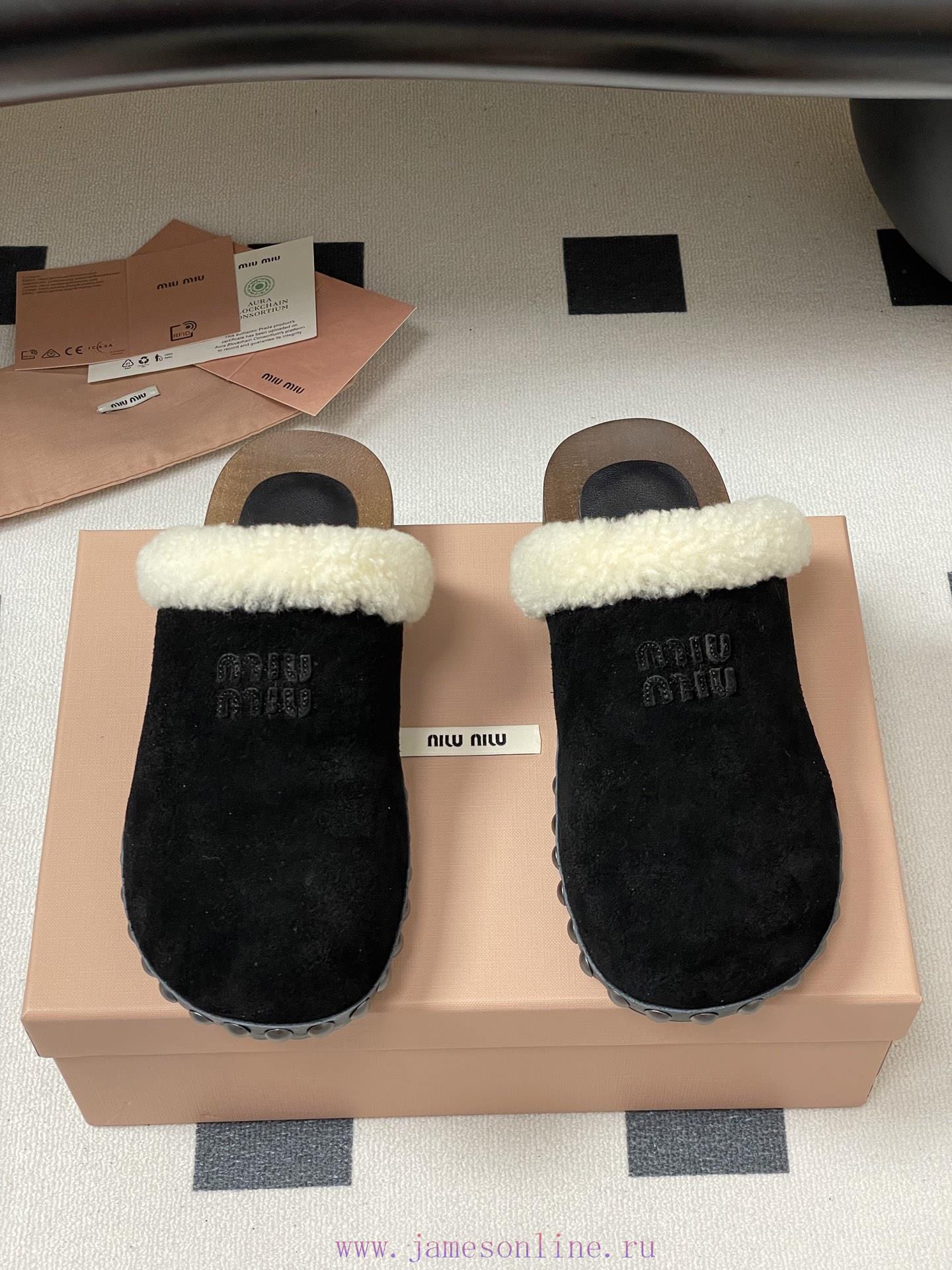 25ss Autumn/Winter Fashion MIUMIU Solid Wood Bottom Wool Half Slippers Thick Soled Mueller Shoe wpxj1r20 - Image 6