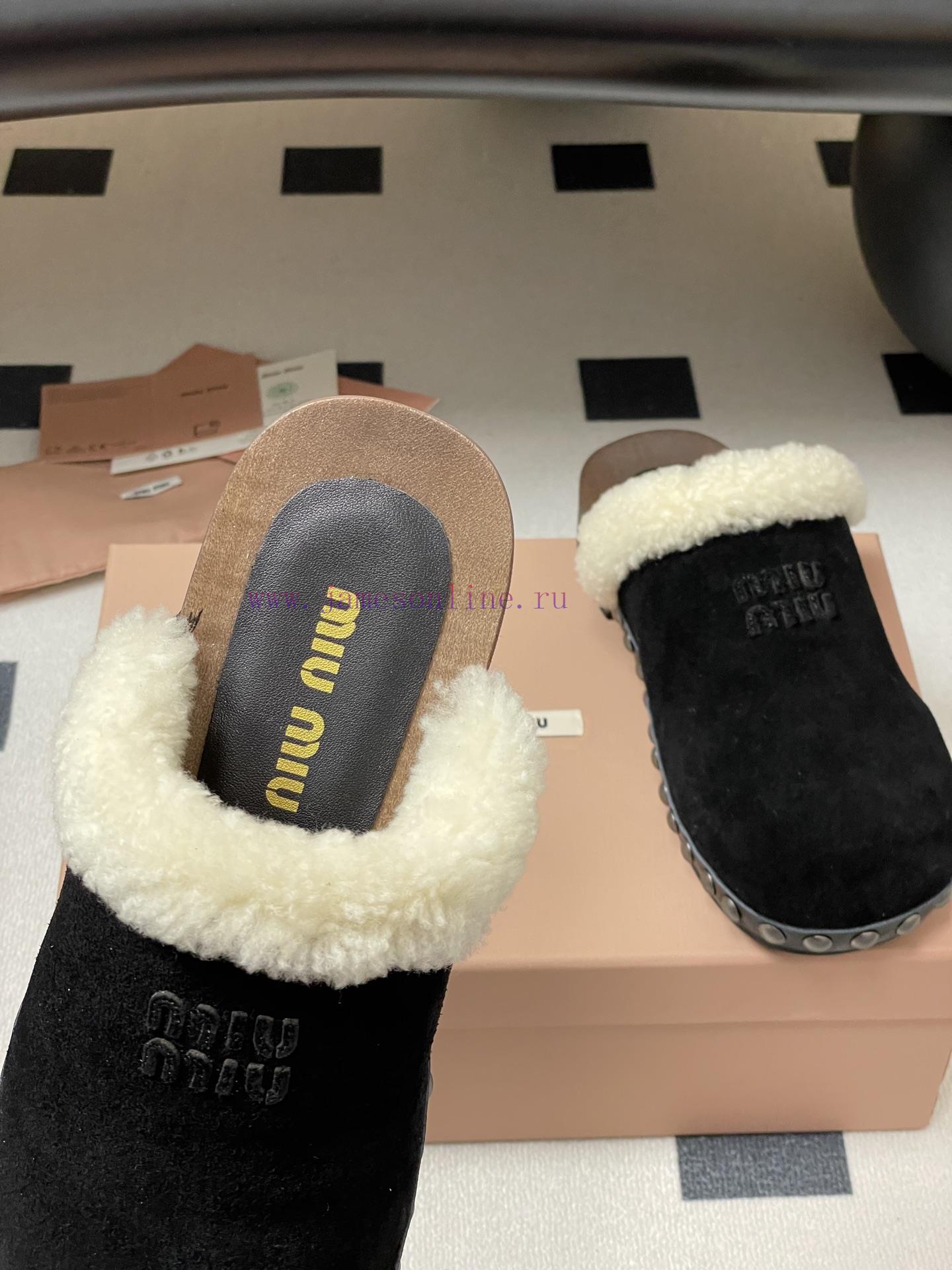 25ss Autumn/Winter Fashion MIUMIU Solid Wood Bottom Wool Half Slippers Thick Soled Mueller Shoe wpxj1r20 - Image 8