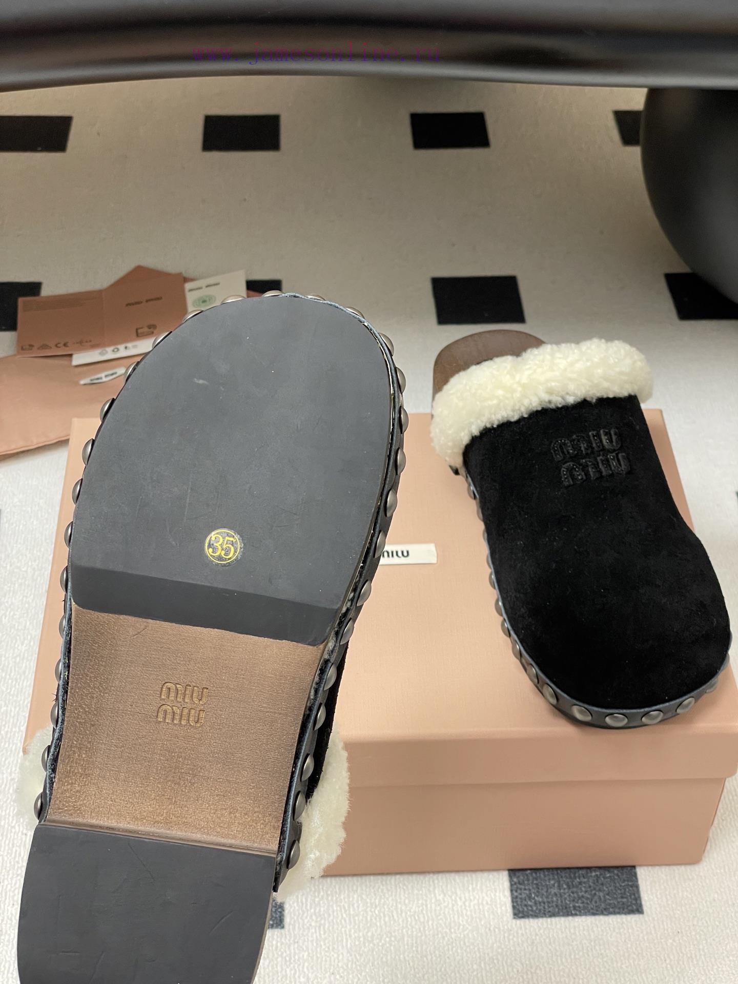 25ss Autumn/Winter Fashion MIUMIU Solid Wood Bottom Wool Half Slippers Thick Soled Mueller Shoe wpxj1r20 - Image 9