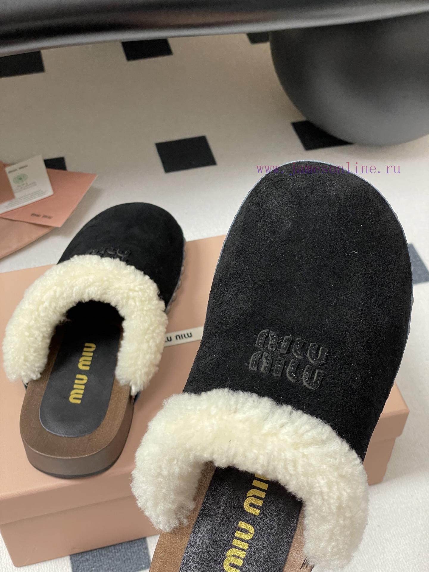 25ss Autumn/Winter Fashion MIUMIU Solid Wood Bottom Wool Half Slippers Thick Soled Mueller Shoe wpxj1r20 - Image 10